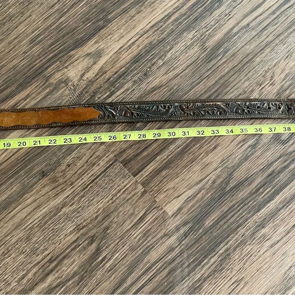 Vintage Chambers Embossed Leather Belt With Acorns and Leaves Brown Tan